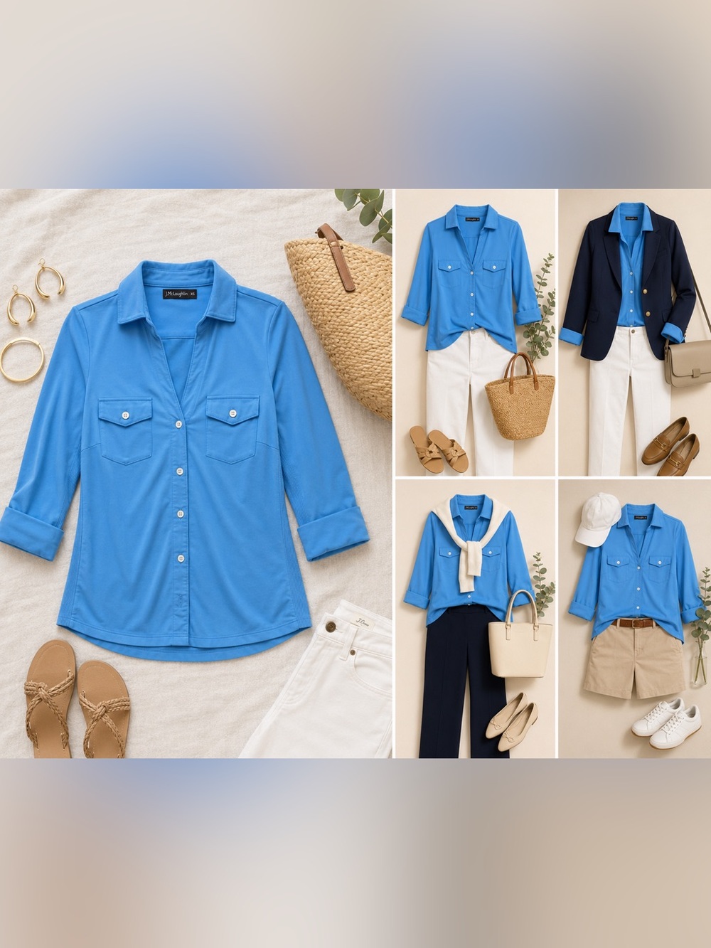 J.McLaughlin Blue Stretch Travel Shirt XS 3/4 Sleeve Button Front